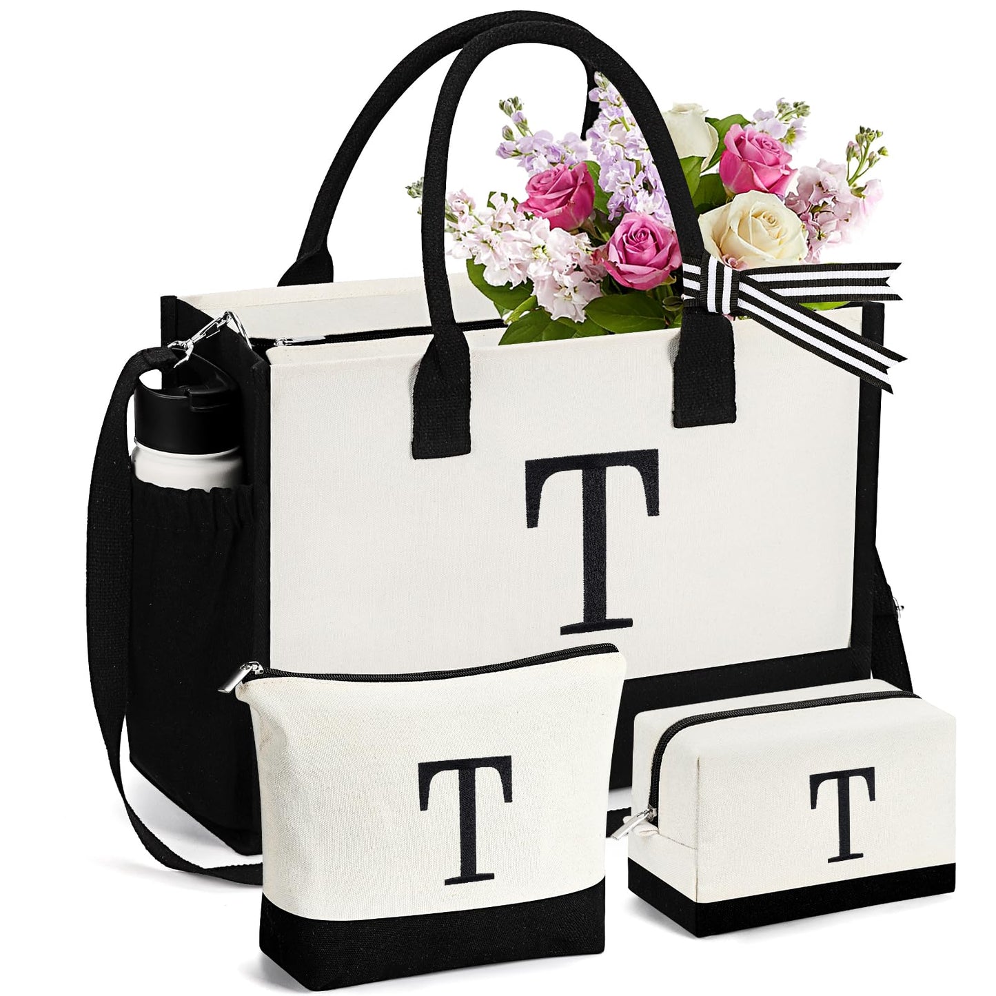 mibasies 1 Embroidered Personlized Canvas Tote Bag with 2 Makeup Bags Set, Birthday Gifts for Women