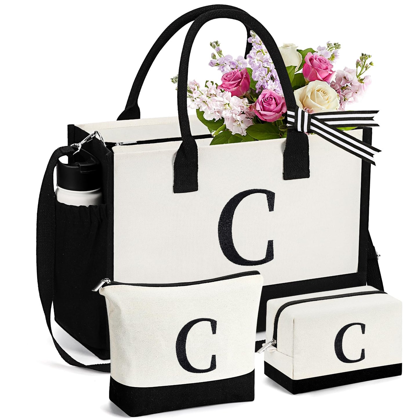 mibasies 1 Embroidered Personlized Canvas Tote Bag with 2 Makeup Bags Set, Birthday Gifts for Women