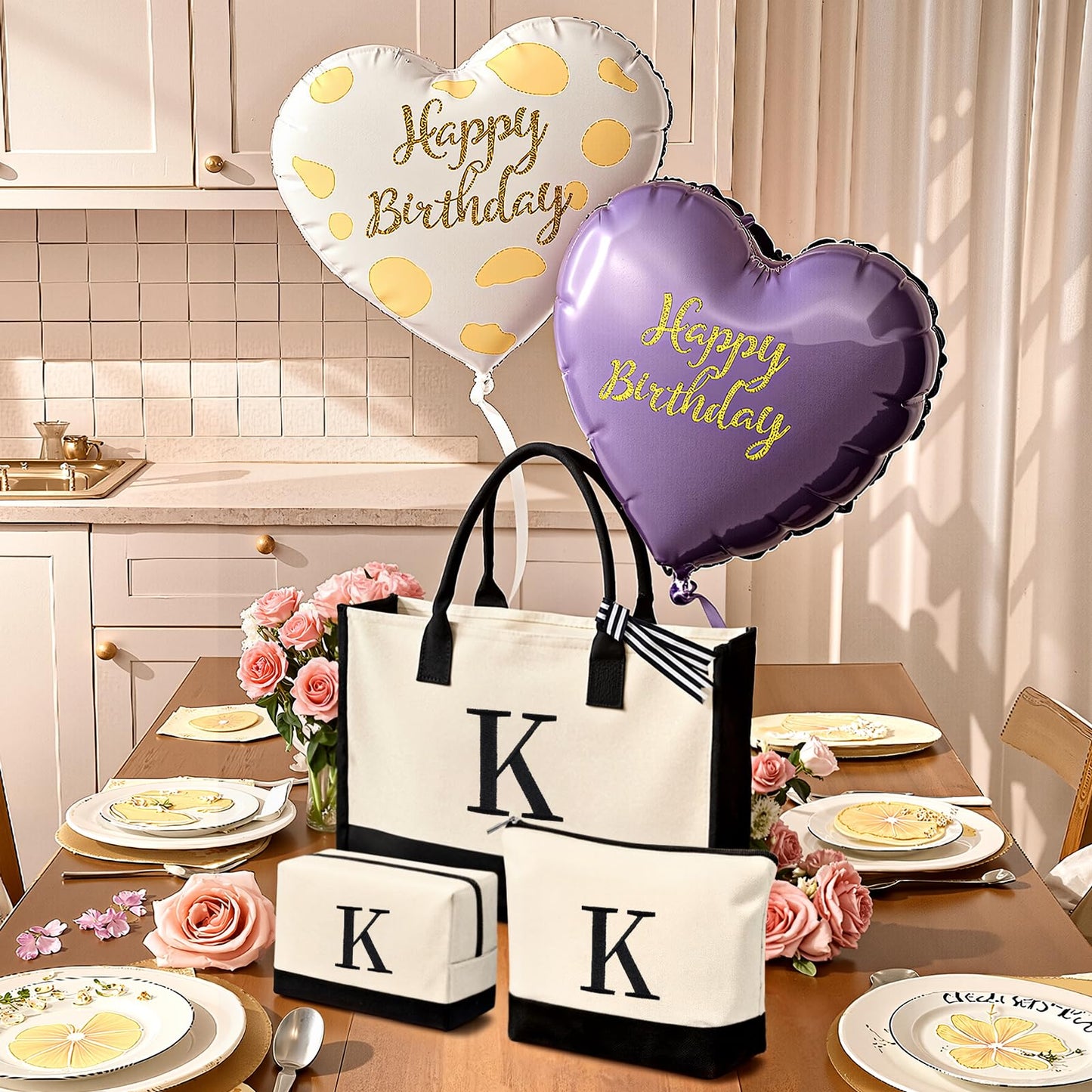 mibasies 1 Embroidered Personlized Canvas Tote Bag with 2 Makeup Bags Set, Birthday Gifts for Women